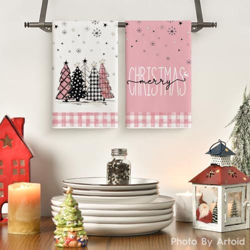 Artoid Mode Pink Snowman Christmas Kitchen Towels Set of 4 18x26 Inch