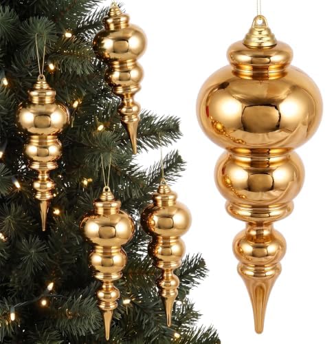 Soulchen 4 Pcs 12" Large Christmas Finial Drop Ornaments, Shiny, Gold
