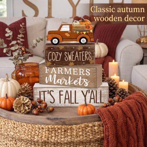 Lineshading 4 Pcs Fall Truck Table Decor, Its Fall Yall Wooden Block Signs
