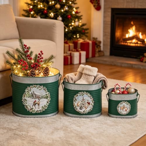 Set of 3 Galvanized Metal Christmas Tree Buckets with Handles, Green Woodland Deer Wreath Decorative Planter Tubs, Farmhouse Holiday Storage Container for Mini Xmas Trees, Ornaments