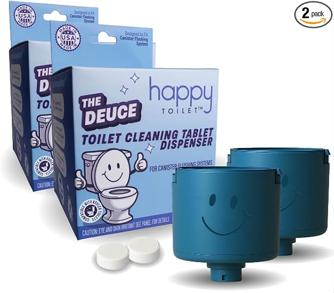Happy Toilet Cleaner Original Deuce - Toilet Bowl Tablet Holder for Kohler & Canister Flush Systems - Easy Install Toilet Tablet Holder Auto Toilet Cleaning System Tank Caddy - Made in USA (2PK)