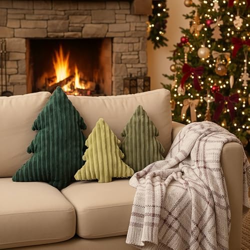 Christmas Decorations Plush Throw Pillows: Soft Green Velvet Christmas Tree Shaped Pillow, Cute Rustic Stuffed Cushion Xmas Decor Indoor for Kids Home Sofa Bed Couch Office Couch Living Room, Set of 3