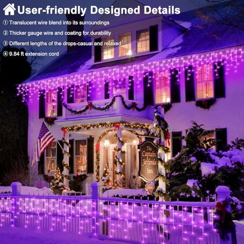 33ft Purple Christmas Lights Outdoor, 400 LED Icicle Lights for Outside Indoor Twinkle Christmas Light with Connectable Clear Wire 8 Modes Timer Waterproof for House Party Tree Holiday Yard Decoration