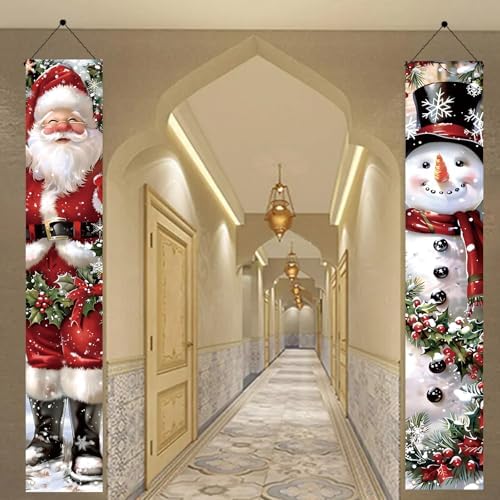 2PCS Christmas Porch Banner Decorations 71 x 12 Inch Santa and Snowman Hanging Sign Outdoor Vertical Front Door Holiday Banner for Winter Yard Party Home Wall Entryway Decor