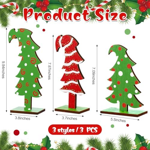 Meooeck 3 Pack Whimsical Wood Christmas Tree Lime Green Tabletop, Lines