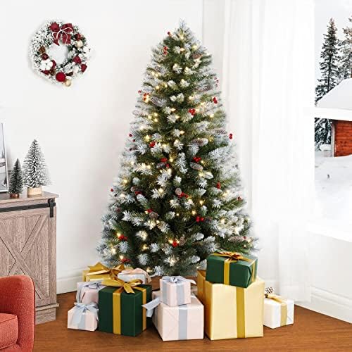 Naomi Home 4.5ft Vancouver Pre-Lit Artificial Christmas Tree with Pine Cones, Faux Berries, Foot Pedal, 398 Branch Tips, 200 Warm Lights and Metal Stand, 33" wide