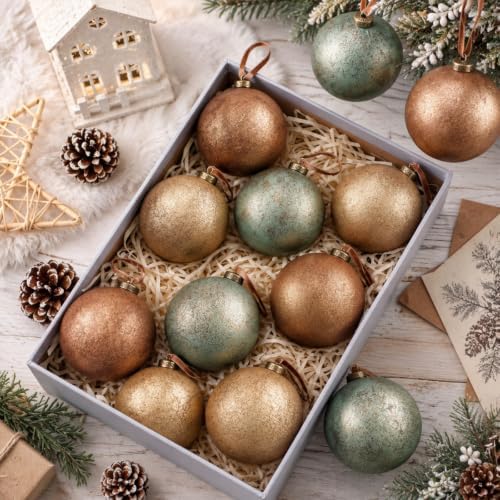 Yunlly 12 Pcs Neutral Christmas Ornament, Brown Copper Sage Green, 4''