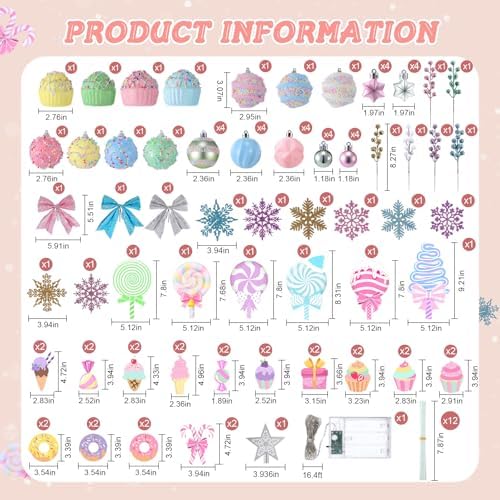 111 Pcs Pastel Christmas Tree Ornaments Candy 2026 New Year Pink Lollipops Snowflake Candy Cupcakes Donuts Ice Cream Foam Hanging Decorations Christmas Tree Birthday Party Wreath Arts Decor
