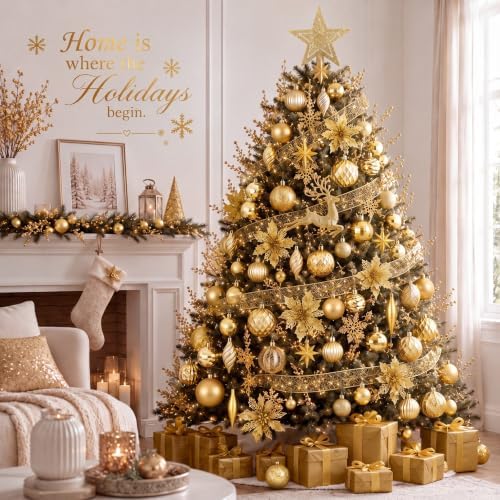 CroBlissful 118 Pcs Christmas Tree Ornaments Set Including Ornaments Balls, Hanging Snowflakes Icicle, Mesh Ribbon, Tree Top Star, Flower, Berries Stems for Xmas Trees Holiday Decor(Gold)