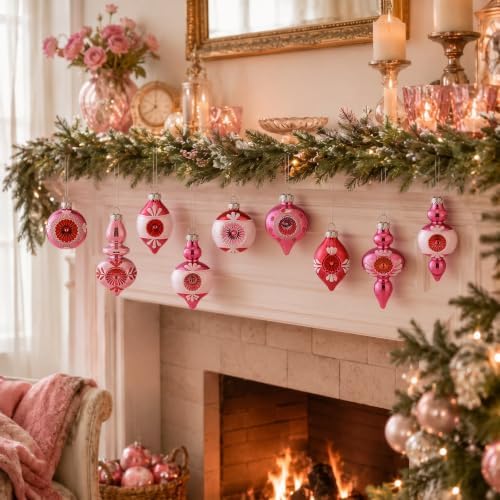 Soulchen 10 Pcs Vintage Glass Christmas Ornaments, Assorted, Pink