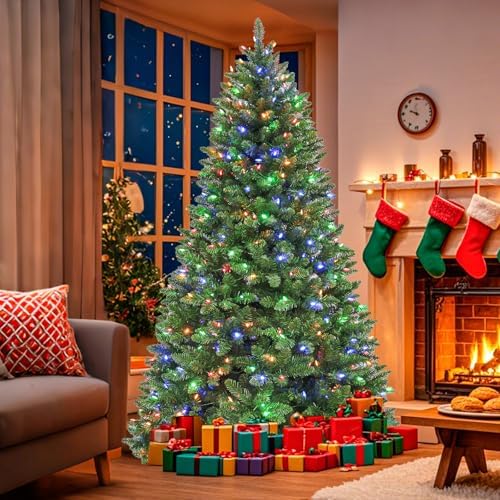 Hykolity 6ft Artificial Prelit Christmas Tree with 250 Multicolor LEDs, Flame-Retardant PVC Branches, 1,032 Tips, 10 Display Modes, Hinged Setup, Foot Pedal and Metal Stand