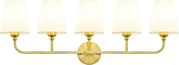 Bathroom Vanity Light, Brushed Gold Bathroom Light Fixtures, 5-Light Lighting Fixtures Over Mirror, Modern Wall Sconce with Flared White Fabric Shade, E26 Socket(ETL Listed)