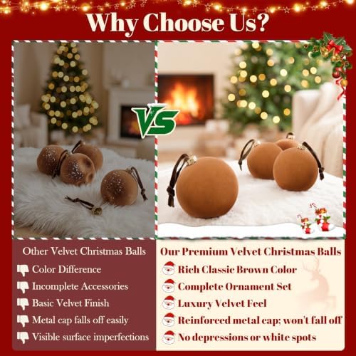 TOWPONICS 15 Pcs Brown Velvet Christmas Balls, 3.15 Inch Large Velvet Ornaments for Christmas Tree, Shatterproof Flocked Ornaments Balls for Tree, Holiday, Wedding, Family, Elegant Christmas Decor