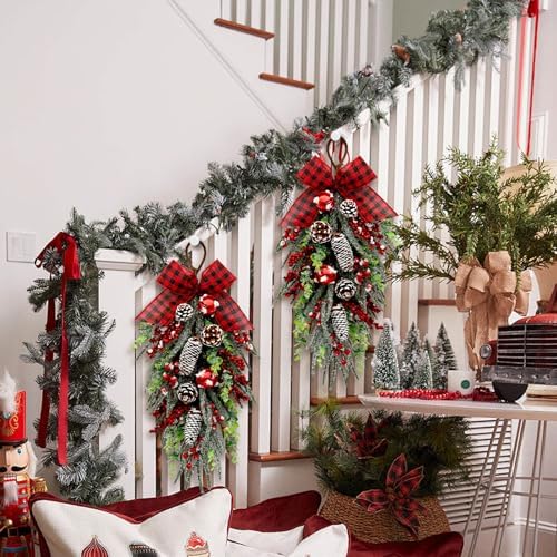nuvagiki Christmas Teardrop Swag Decorations, Christmas Teardrop Wreath Artificial Bells Pinecones Berries Hanging Decor, Red Checked Bow Swag Decorations for Front Door Mantle Wall Indoor Home Decor