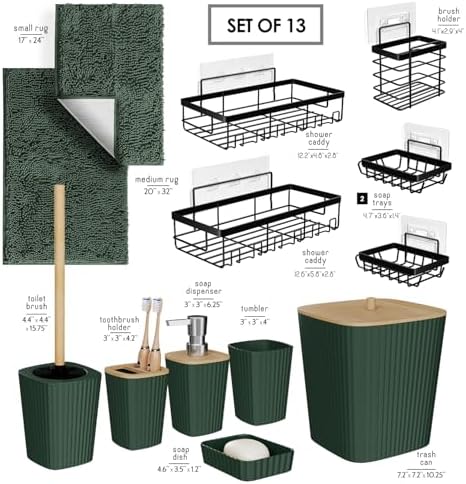 Clara Clark Bathroom Set - Hunter Green Bathroom Accessories Set, 6PC Bathroom Accessory Set, Bathroom Sets with Bathroom Rugs, Adhesive Corner Shower Caddy Hanging, Toilet Brush & Trash Can