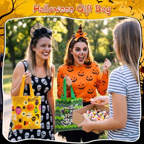 Sweetude 120 Pcs Halloween Tote Bags Bulk Trick Treat Bag with Handles Reusable Non Woven Halloween Treats Party Gift Favors Bags for Kids(Skull & Ghost)