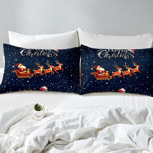 Bed Sheets Kids Boys Sled Car Sheet Set 3 Pcs Child Santa Claus and Elk Sheets Set + Deep Pocket Fitted Sheets + Snowing Flat Sheet 1 Pillow Sham,Twin Size