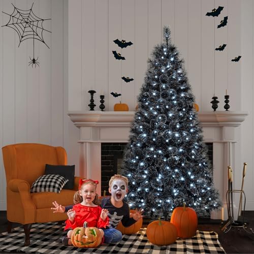 HAPPYGRILL 7 FT Pre-lit Black Christmas Tree, Artificial Halloween Tree w/572 Branch Tips, Frosted Pine Needles, 320 White LED Lights, Folding Metal Stand & Gloves, Hinged Xmas Tree for Carnival