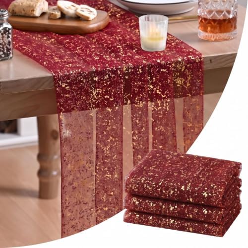 Artoid Mode 3PC Burgundy Gold Gauze Table Runner 120 Inch 10FT, Glitter Metallic Foil Sheer Dining Wedding Anniversary Holiday Birthday Table Decor for Home Party
