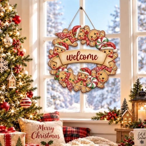 Gingerbread Christmas Decorations Welcome Wreath Wooden Front Door Sign