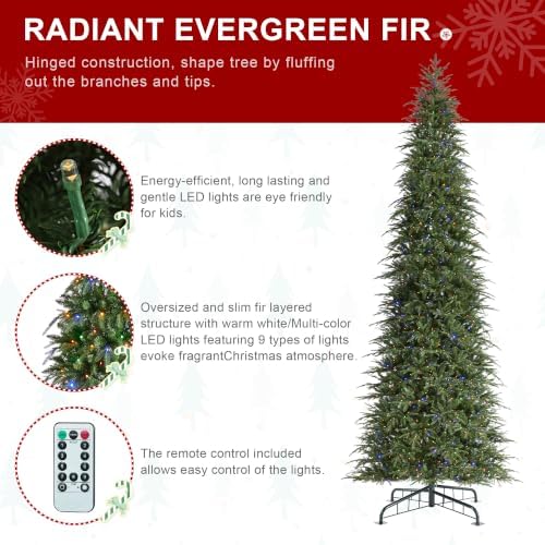 Glitzhome 15ft Prelit Christmas Tree, Hinged Slim Artificial Christmas Tree, Radiant Evergreen Fir with 1500 Warm White/Multi-Color LED Lights, 9 Lighting Functions w/Remote Control, Easy Assembly