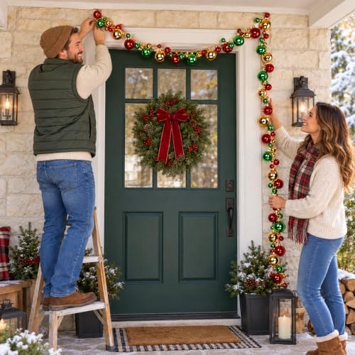 Whaline 2Pcs Christmas Ball Garland, Shatterproof, Red Green Gold, 6 Ft