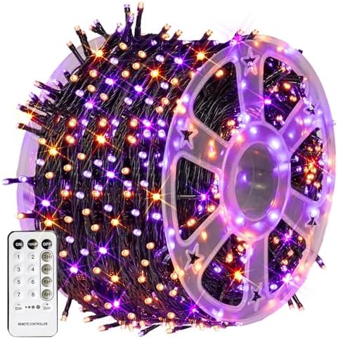 Dazzle Bright Outdoor Halloween String Lights, 1000 LED 328 FT Plug in Fairy Light with Remote Control 8 Modes & Timer, Waterproof Decoration for Home Garden Yard Wedding, Purple and Orange