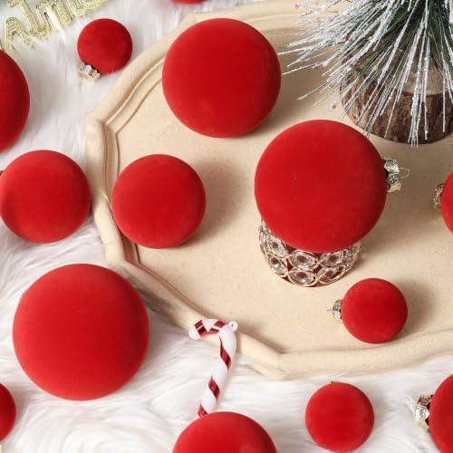 Red Velvet Christmas Ball Ornaments-46pcs Flocked Xmas Tree Decorations