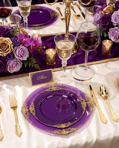 Nervure 175Pcs Purple Plastic Plates, Plastic Dinnerware Set for 25 Guests