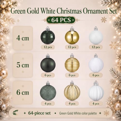 Lunmon 64 Pcs Christmas Ball Ornaments Emerald Green Champagne Gold White