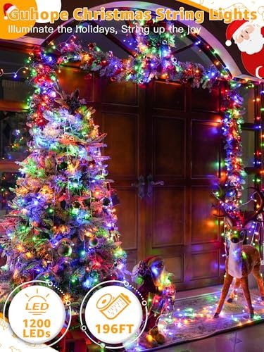 Guhope Christmas String Lights Indoor 1200LED 196FT, Waterproof Outdoor String Lights with Remote and Timer, 8 Modes Dimmable Christmas Lights for Indoor Outdoor Party Holiday Decorations (Multicolor)