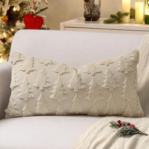MIULEE Christmas Throw Pillow Covers Lumbar Beige Christmas Decorations Xmas Tree 12x24 Pillow Covers Soft Plush Faux Wool Pillowcases Holiday Festivals Winter Home Decor Sofa Couch Bed Porch