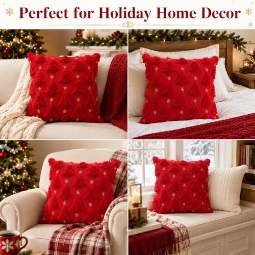 OHOME Christmas Decorations - Christmas Tree Red Pillow Covers 18x18 inch