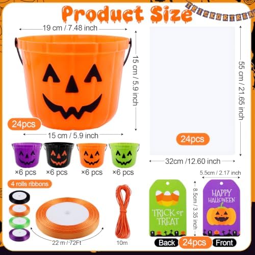 24Pcs Halloween Candy Buckets Gift Sets,Plastic Trick or Treat Pail-4 Color