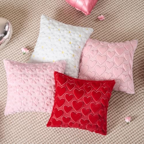 Softalker Spring Decorative Throw Pillow Covers 16 x 16 Inch Set of 2, Farmhouse Summer Floral Daisy Soft Faux Fur Cushion Covers, 3D Pillow Cases for Couch Bedroom Living Sofa Room Home Decor, Pink