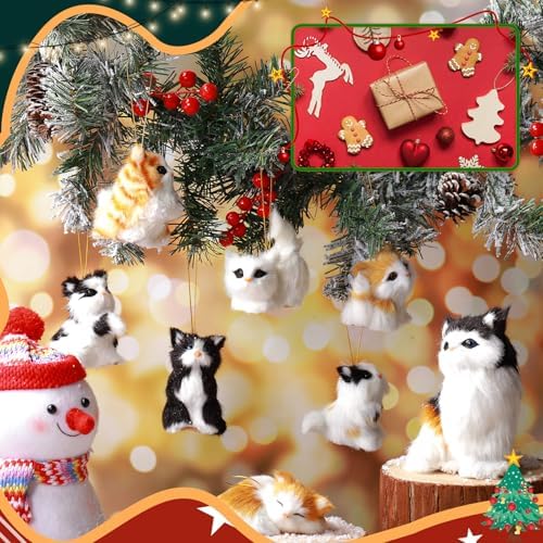 Skylety 10 Pieces Forest Animals Ornaments Woodland Animal Faux Fur Plush Hanging Ornaments Family Educational Playset for Fall, Winter Birthday Party Supplies(Cats)