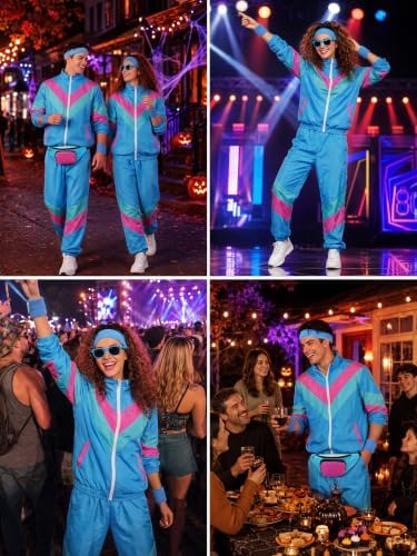 SOMSOC 80s Tracksuit for Men Women Halloween Costume Retro Windbreaker Set Neon 90s Outfit Couple Jogger Suit
