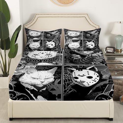 Cat Illustration Sheet Set Kids Boys Girls Cartoon Cat Fitted Sheets Set Full Size Horror Style Bedding Sheet Sets Includes 1 Flat Sheet,1 Fitted Sheet,2 Pillowcases