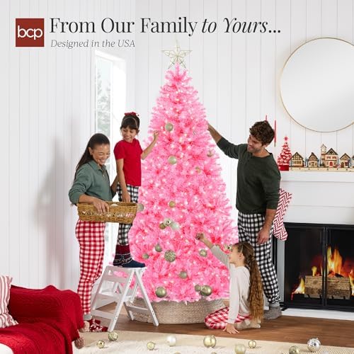 Best Choice Products 7.5ft Pre-Lit Pink Christmas Tree w/Twinkling LEDs, Full Artificial Pine Holiday Decor for Home, Office, Party Decoration w/ 550 Lights, 1,350 Branch Tips, Metal Base