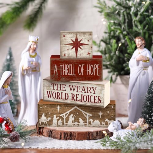 Lineshading 4 Pcs Christmas Table Decorations, Nativity Star Wooden Signs