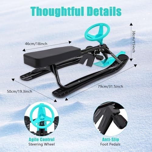 220.5LBS Load Snow Racer Sled, Kart Ski Sled Slider Board w/Foot Brakes, 31.1In Baseboard Steel Frame Skiing Kids Ride Outdoor Winter Toboggan w/Anti-Slip Pedal