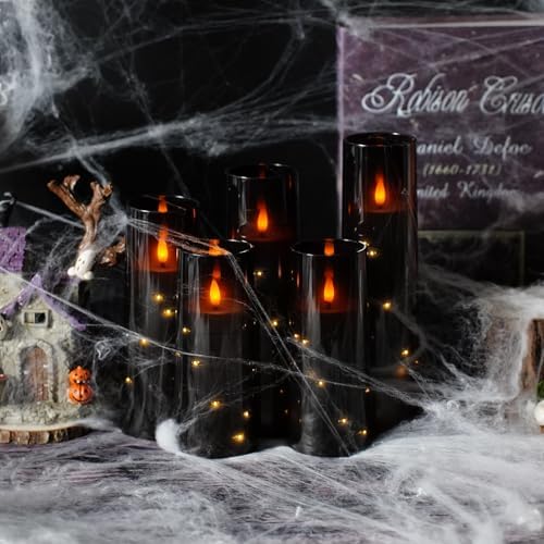 kakoya Flameless LED Candles with Timer 5 Pc Flickering Flameless Candles for Romantic Ambiance and Home Decoration Stable Acrylic Shell,with Embedded Star String,Battery Operated Candles（Black）