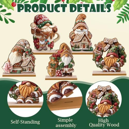 RattanView 5 Pcs Gingerbread Christmas Table Decorations Wooden Ginger Bread Gnome Decor Christmas Table Centerpiece Ginger Bread Village Decorations Xmas Gnome Tiered Tray Decor with Base for Home