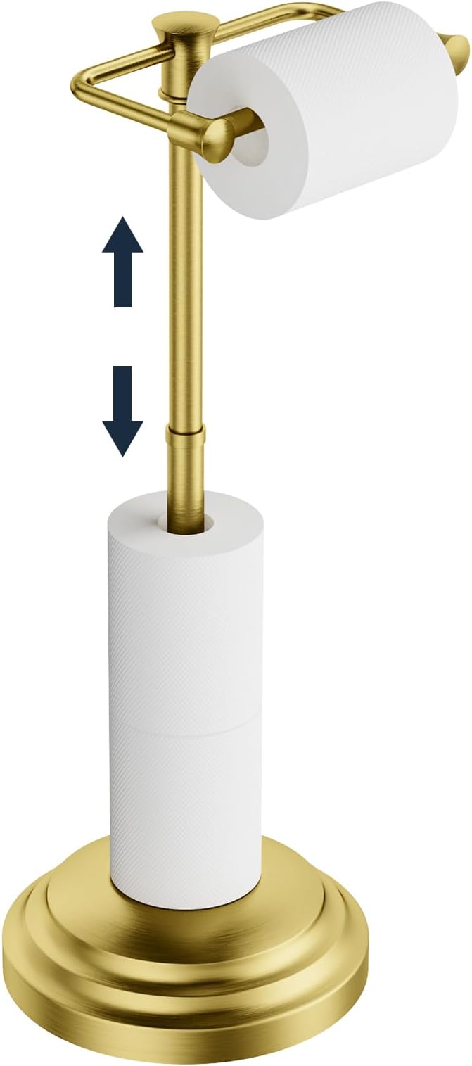 Bathroom Toilet Paper Holder Stand, Brushed Gold Toilet Paper Holder Free Standing, Stainless Steel Pivoting Toilet Tissue Roll Holder，Adjustable Height (14.76'' to 23.36'') Paper Holder