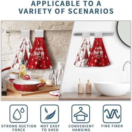 Merry Christmas Kitchen Hanging Towels Red Xmas Tree Hand Towels with Hanging Loop Fast Drying Hanging Towel Oven Stove Dish Washcloth Soft Absorbent Fingertip Bath Tie Towel Set of 2