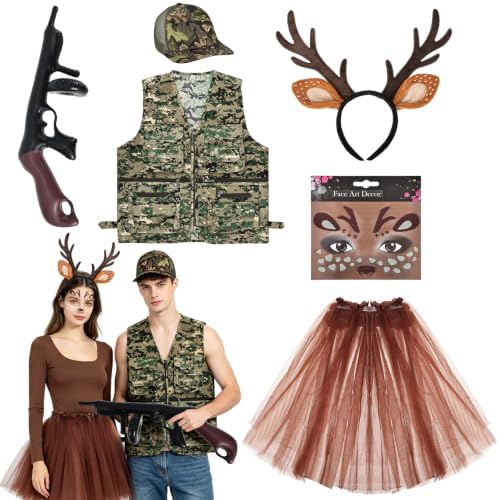 6 Pcs Deer Hunter Costume Set for Couple - Hunting Outfit Dress Up Kit - Camo Vest Camo Hat Antler Headband Tattoo Stickers Skirt Inflatable Toy Gun - Halloween Cosplay Party Fancy Dress Accessories
