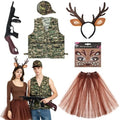 6 Pcs Deer Hunter Costume Set for Couple - Hunting Outfit Dress Up Kit - Camo Vest Camo Hat Antler Headband Tattoo Stickers Skirt Inflatable Toy Gun - Halloween Cosplay Party Fancy Dress Accessories