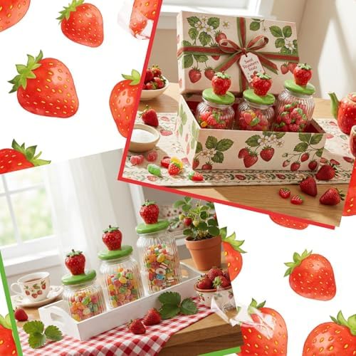 Mimorou 3 Set Strawberry Candy Glass Jars with Ceramic Lids 44oz 33oz 22oz Summer Strawberry Cookie Jars Airtight Glass Food Storage Containers for Summer Party Tea Cookie Snacks Sugar