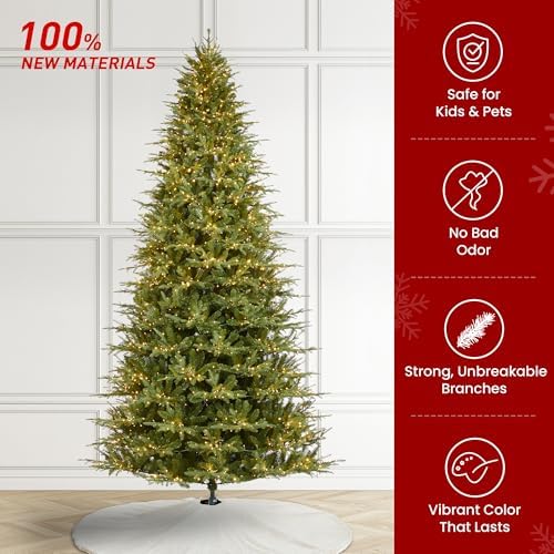 Glitzhome Artificial Christmas Tree, 11ft Prelit Hinged Holiday Tree Majestic Evergreen Fir Xmas Tree with 3200 Warm White/Multi-Color Chasing and Twinkling Lights, 9 Function w/Foot Pedal,Easy Setup