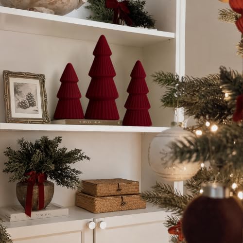 Christmas Decorations - Set of 3 Velvet Ceramic Christmas Trees (Red)